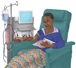 Woman at in-center dialysis illustration and picture