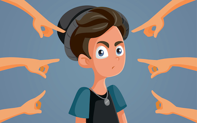 Hands Pointing at a Rebel Teenage Boy Misfit misunderstood teenager blamed for his mistakes Standing Out From The Crowd stock vector