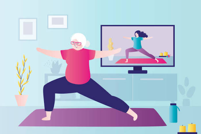 Grandmother practicing standing yoga poses at home. Elderly woman stretches in warrior pose 2 Grandmother practicing standing yoga poses at home. Elderly woman stretches in warrior pose 2. Elderly lady does gymnastics with online trainer. Video tutorials on asanas. Flat vector illustration staying active stock illustrations