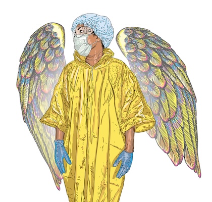 Essential Workers Concept. Nurse or doctor standing as angel in the medical mask, safety coat Personal Protective Equipment PPE.