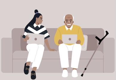 A young adult assists an older parent with a tablet in a cozy living room