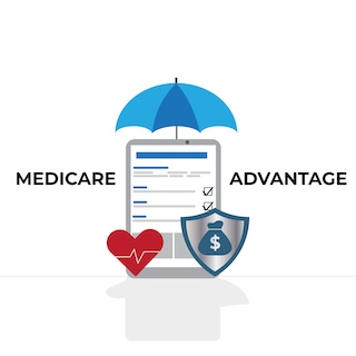 Medicare Advantage Programme An illustration of Medicare advantage concept. Tablet, heart rate, umbrella and shield with money.