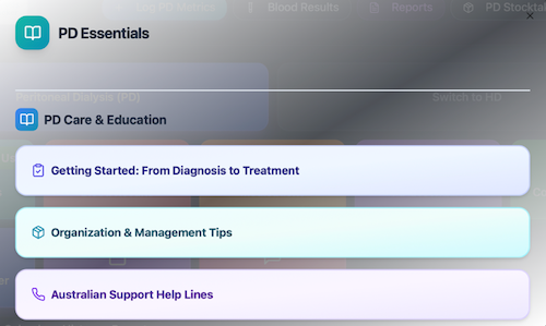 A screenshot of Dialysis Health Tracker PD info screen.