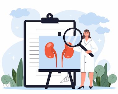 Kidney treatment concept Kidney treatment concept. Woman with magnifying glass examines internal organs of person. Specialist, doctor with loupe. Anatomy and biology. Girl make diagnosis. Cartoon flat vector illustration Kidney - Organ stock vector
