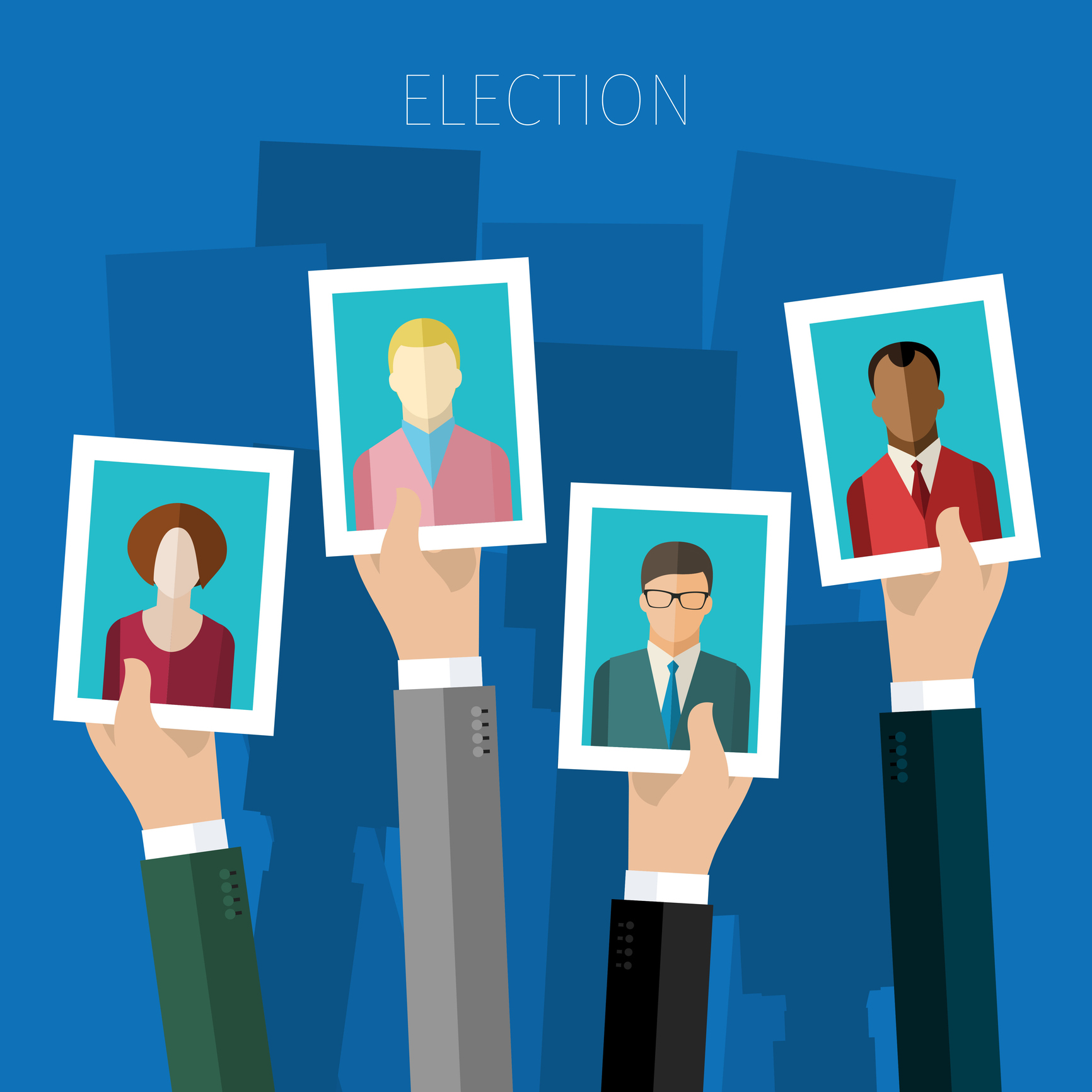 Hands hold portraits of candidates, election day campaign.
