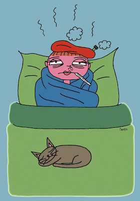 Cartoon a cartoon of a person in bed with a thermometer and a cat