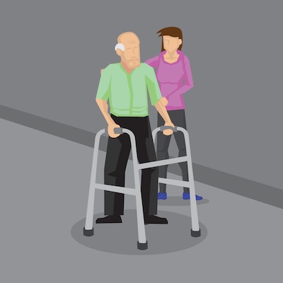 Young Girl Helping Elderly Man with Walker