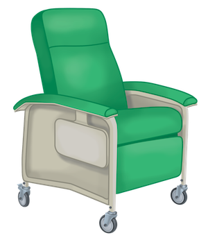 A green recliner with wheels Description automatically generated