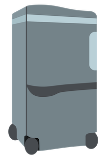 A grey refrigerator with wheels Description automatically generated
