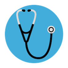 A stethoscope in a blue circle Description automatically generated
